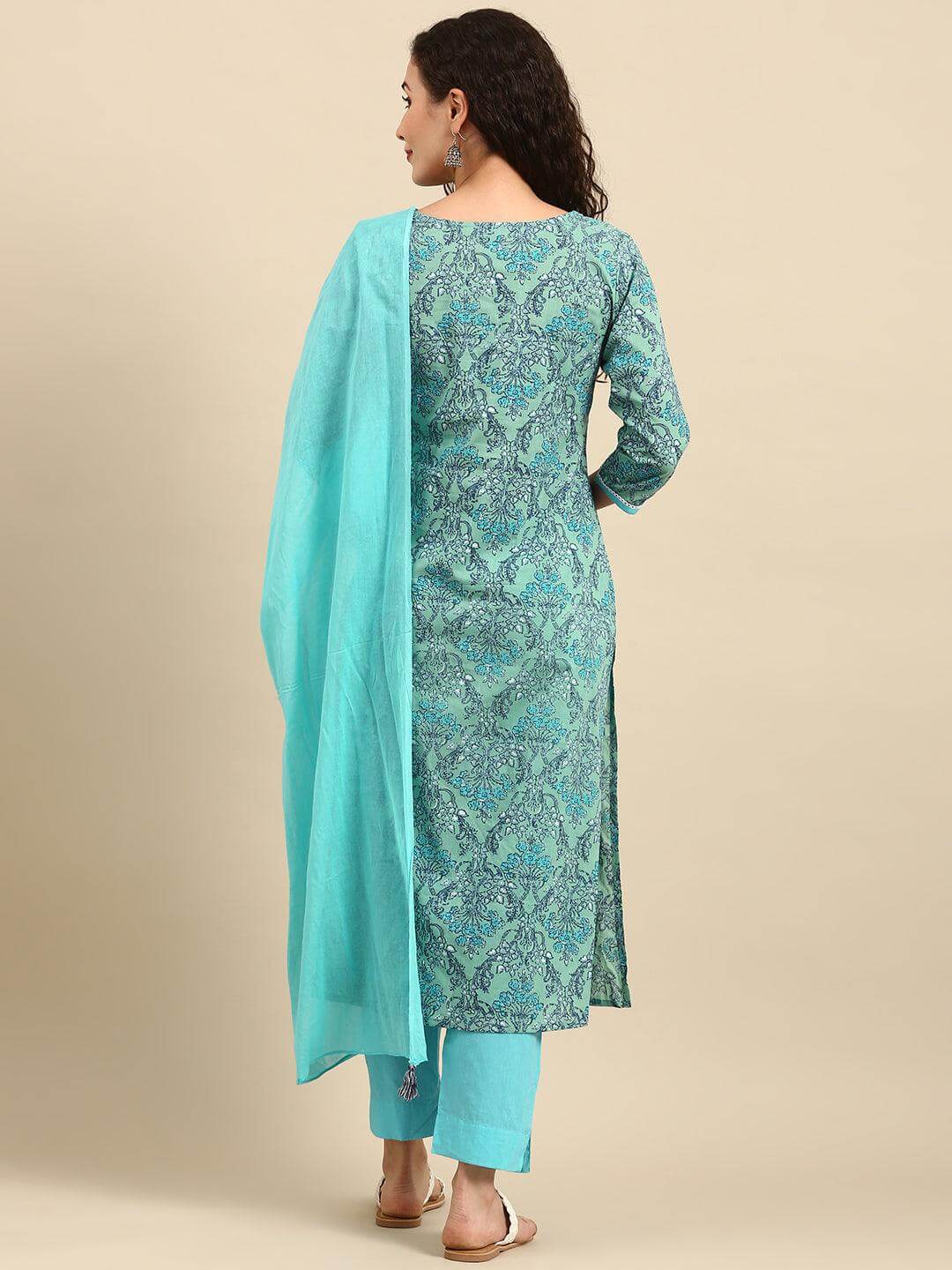 Sea Green Cotton Floral Print Kurta with Pant and Dupatta