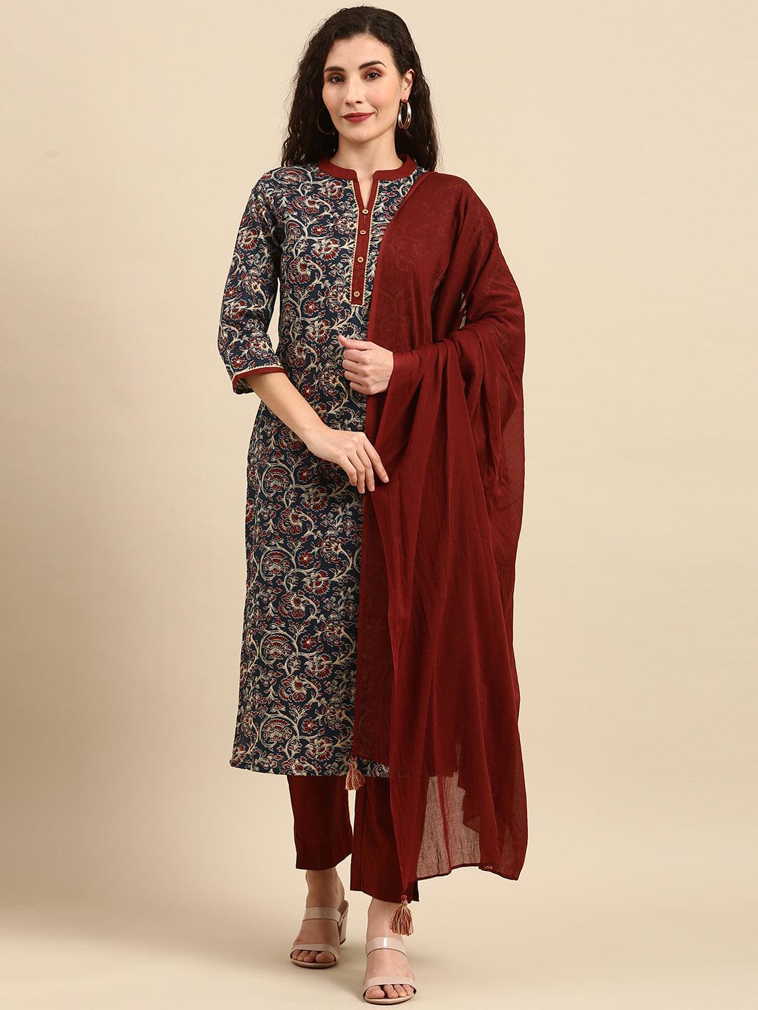 Teal Blue Cotton Floral Print Kurta with Pant and Dupatta