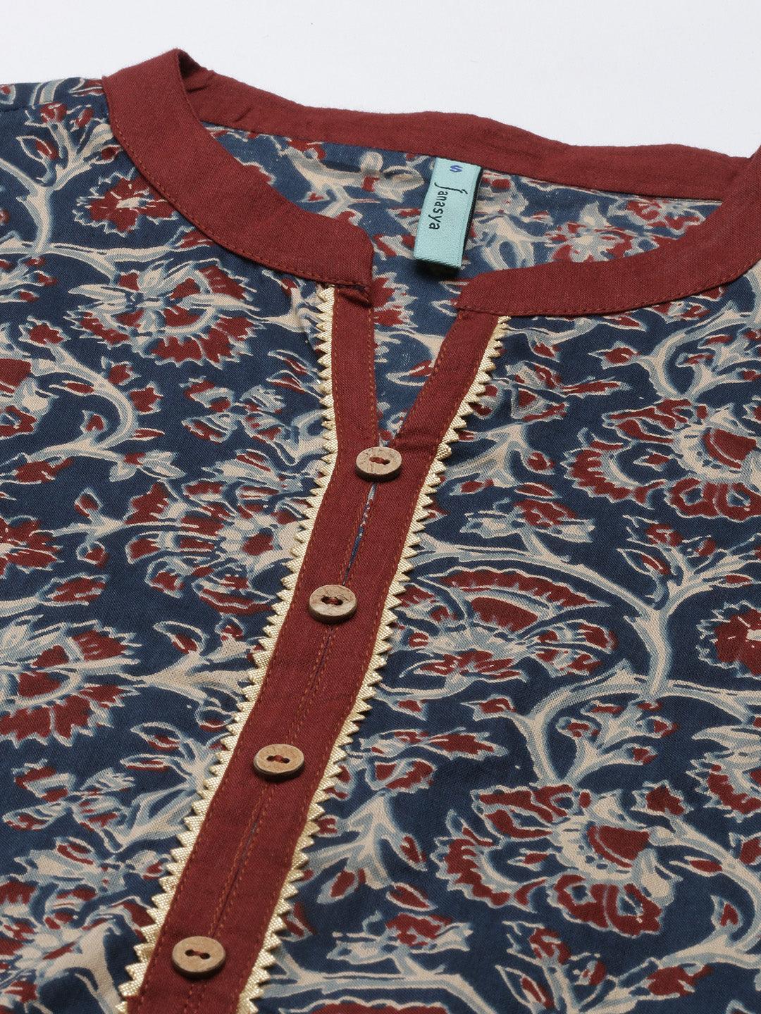 Teal Blue Cotton Floral Print Kurta with Pant and Dupatta