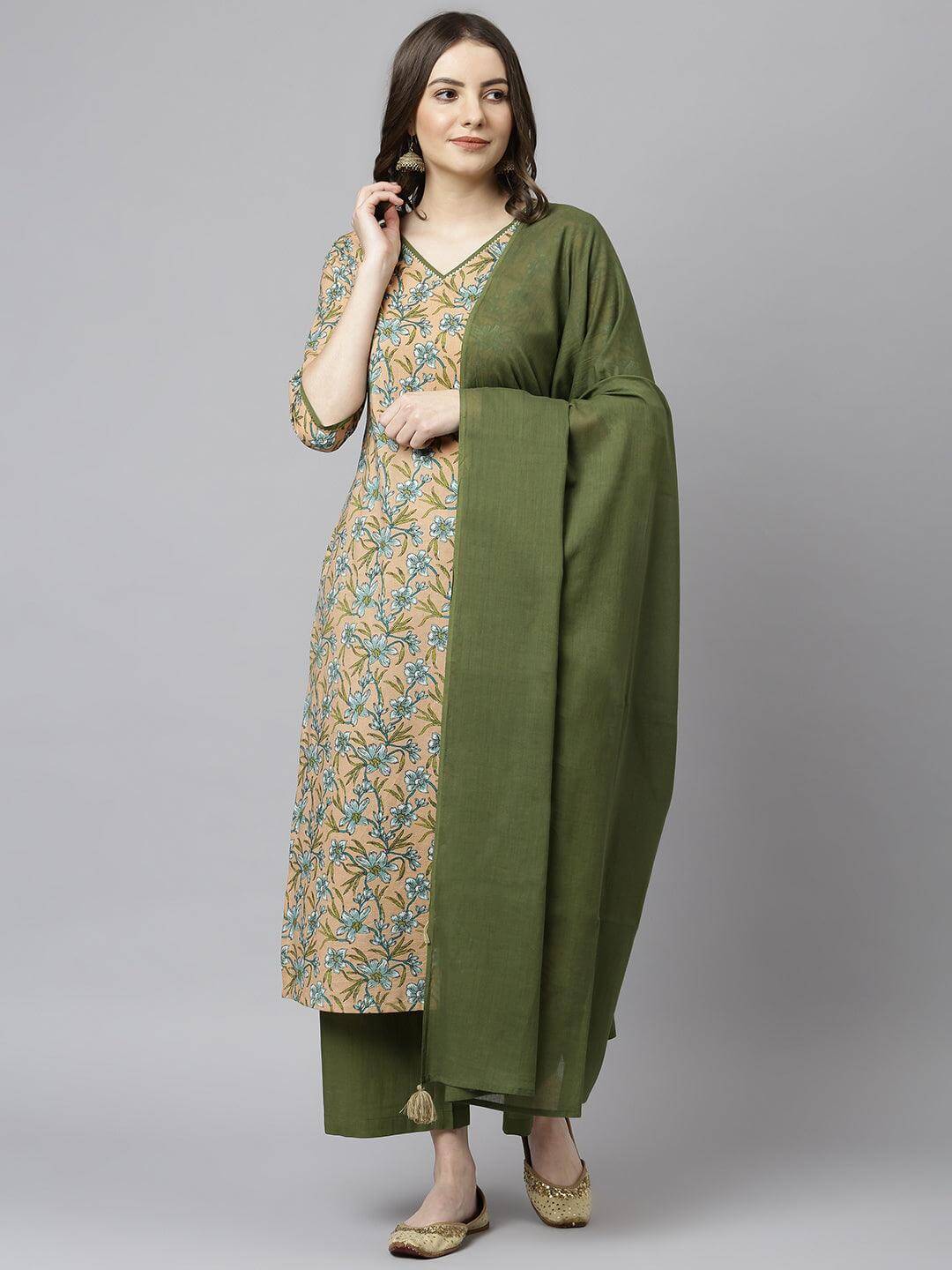 Peach Cotton Floral Print Kurta with Palazzo and Dupatta