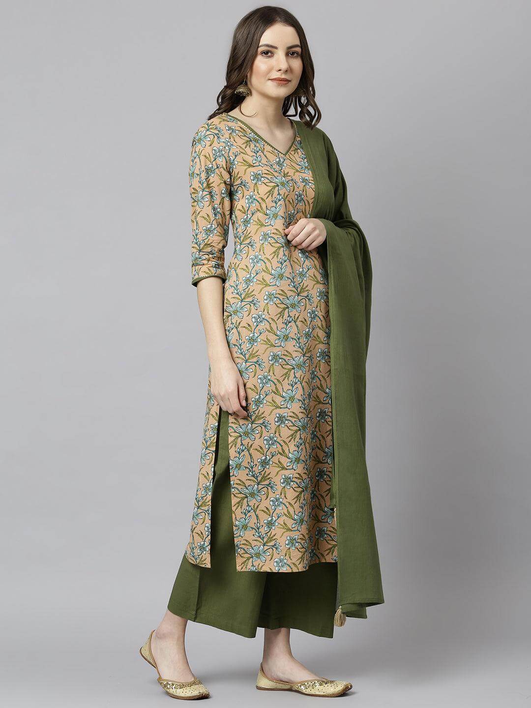 Peach Cotton Floral Print Kurta with Palazzo and Dupatta