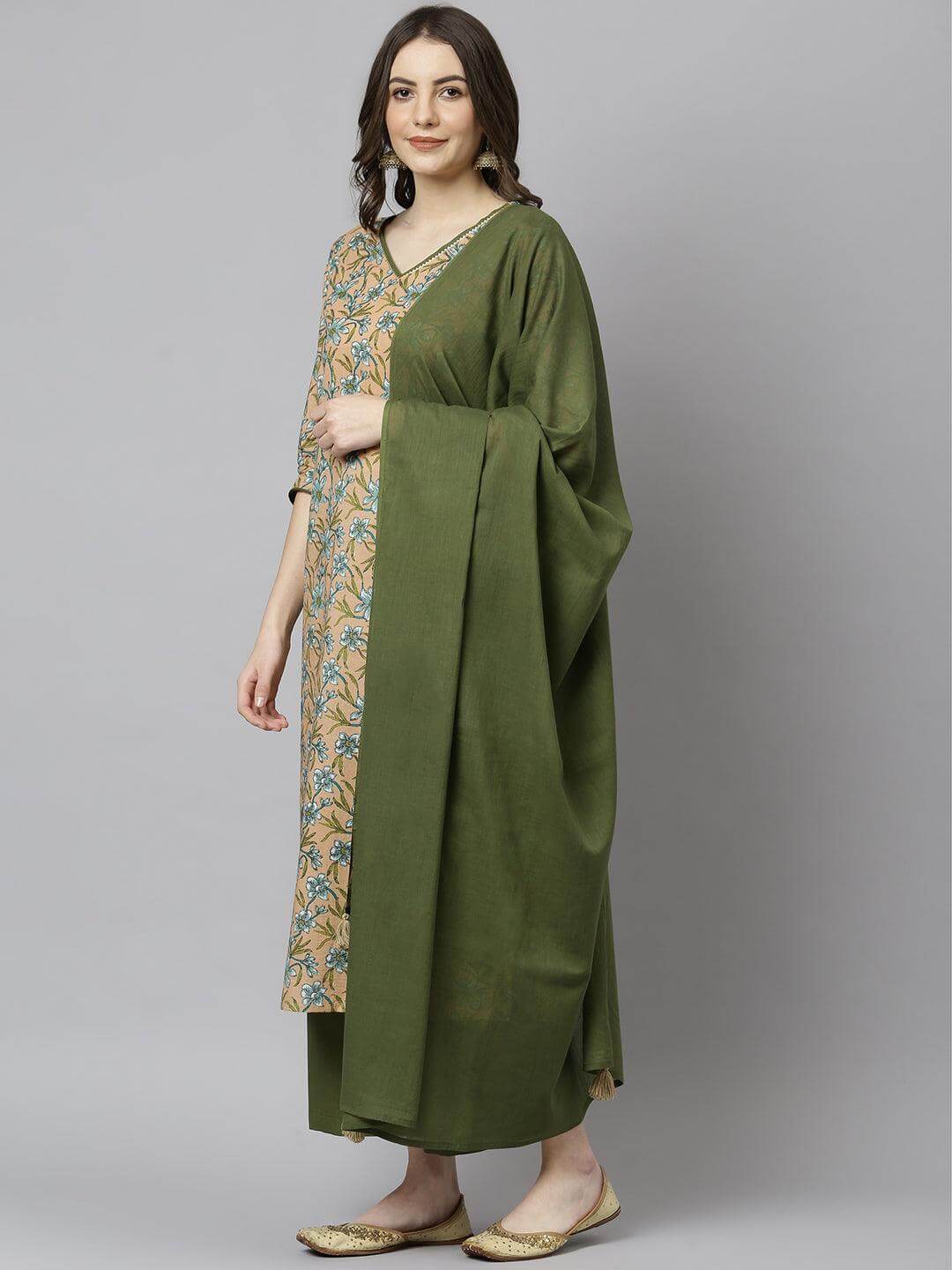 Peach Cotton Floral Print Kurta with Palazzo and Dupatta