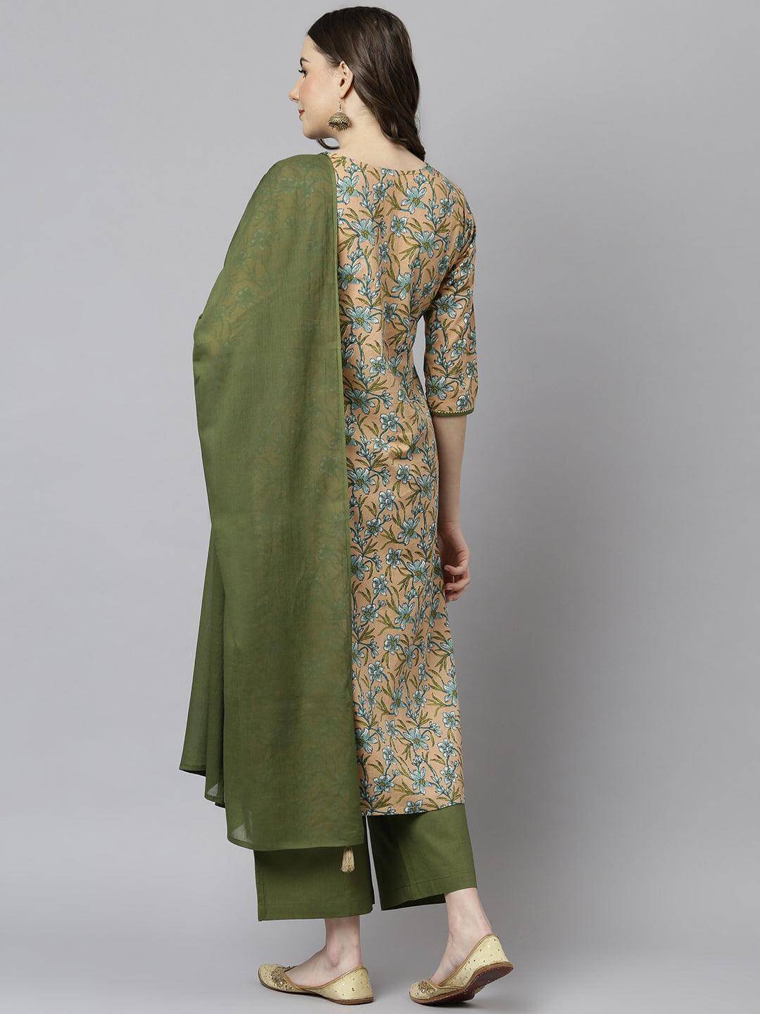 Peach Cotton Floral Print Kurta with Palazzo and Dupatta