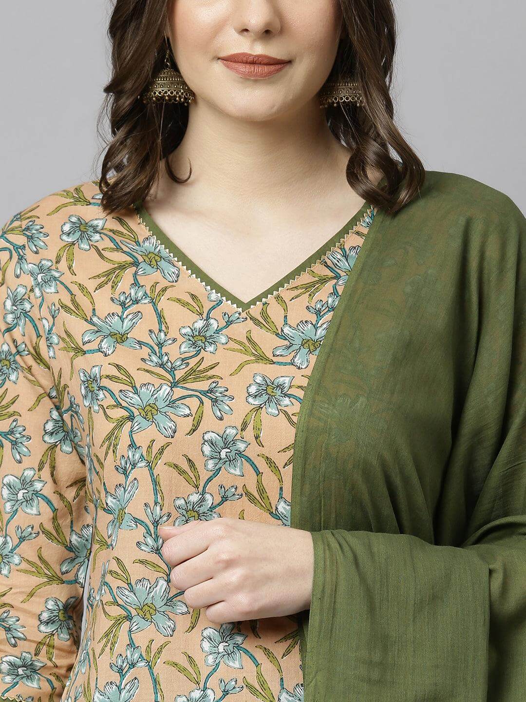 Peach Cotton Floral Print Kurta with Palazzo and Dupatta