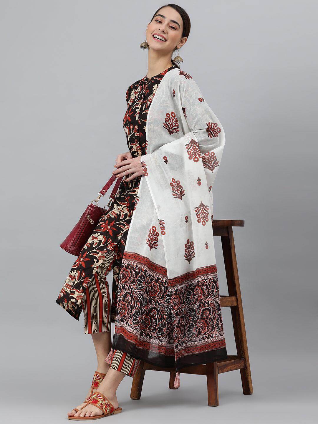 Black Cotton Botanical Print Kurta with Pant and Dupatta