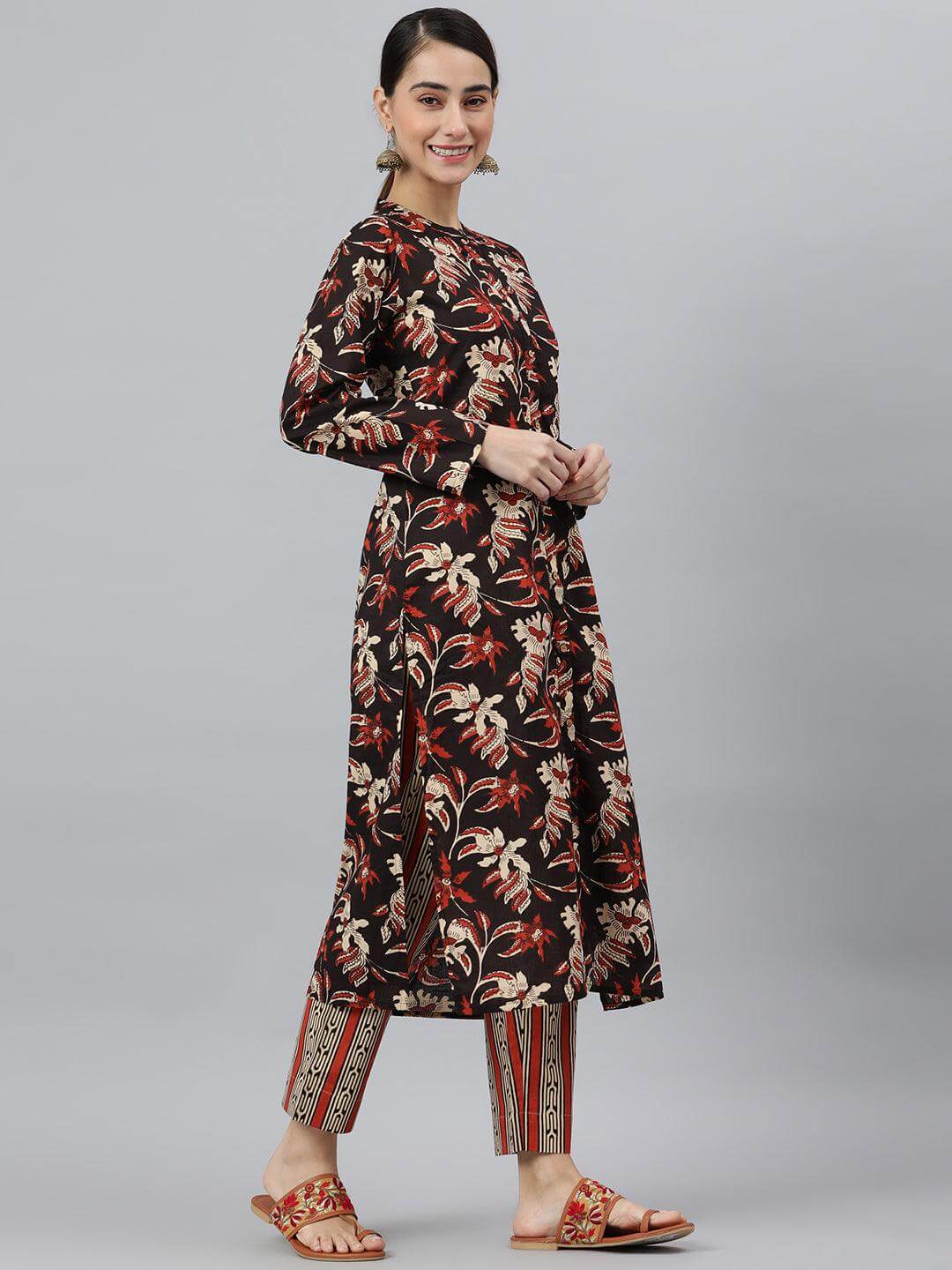 Black Cotton Botanical Print Kurta with Pant and Dupatta