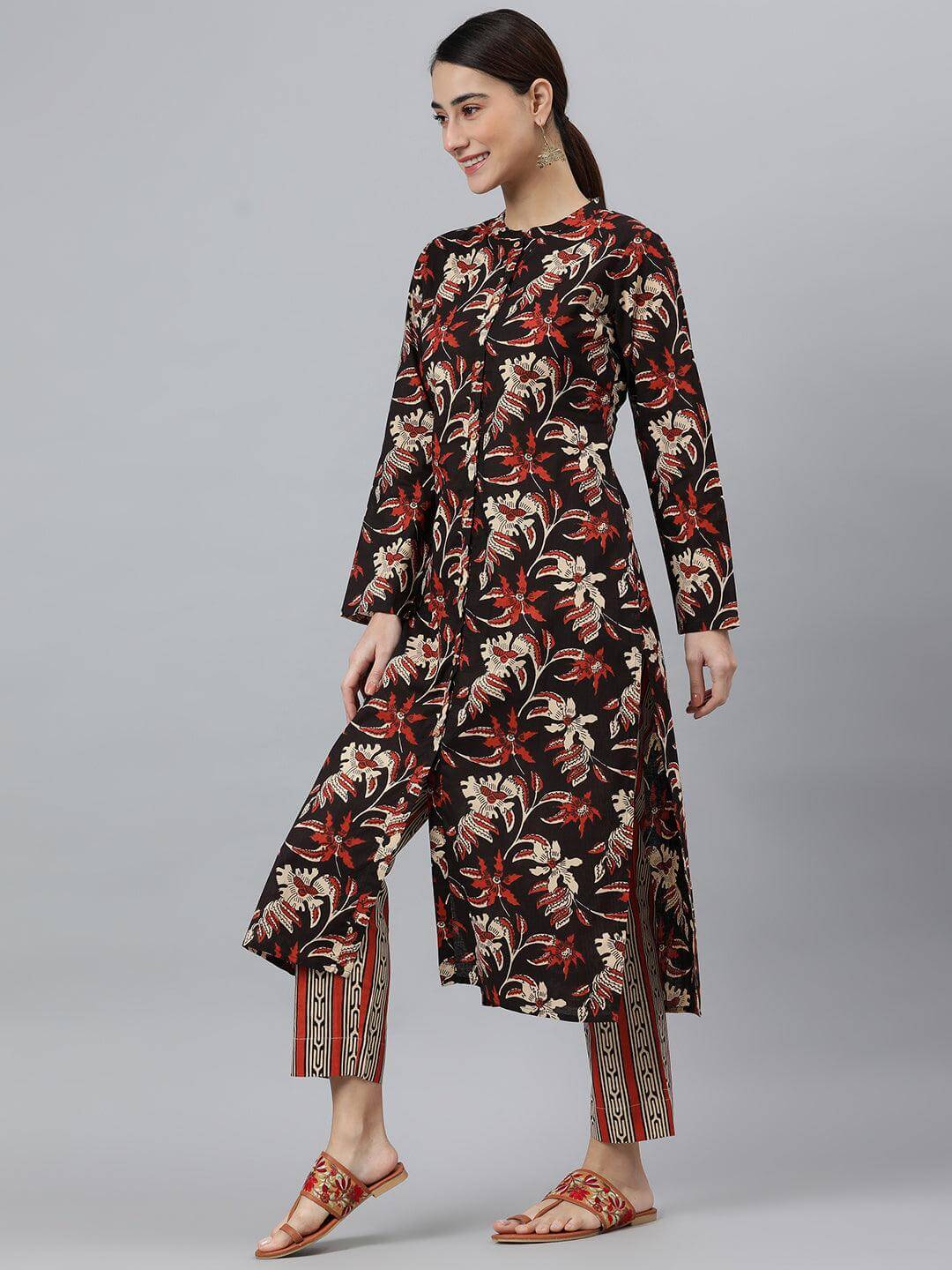 Black Cotton Botanical Print Kurta with Pant and Dupatta