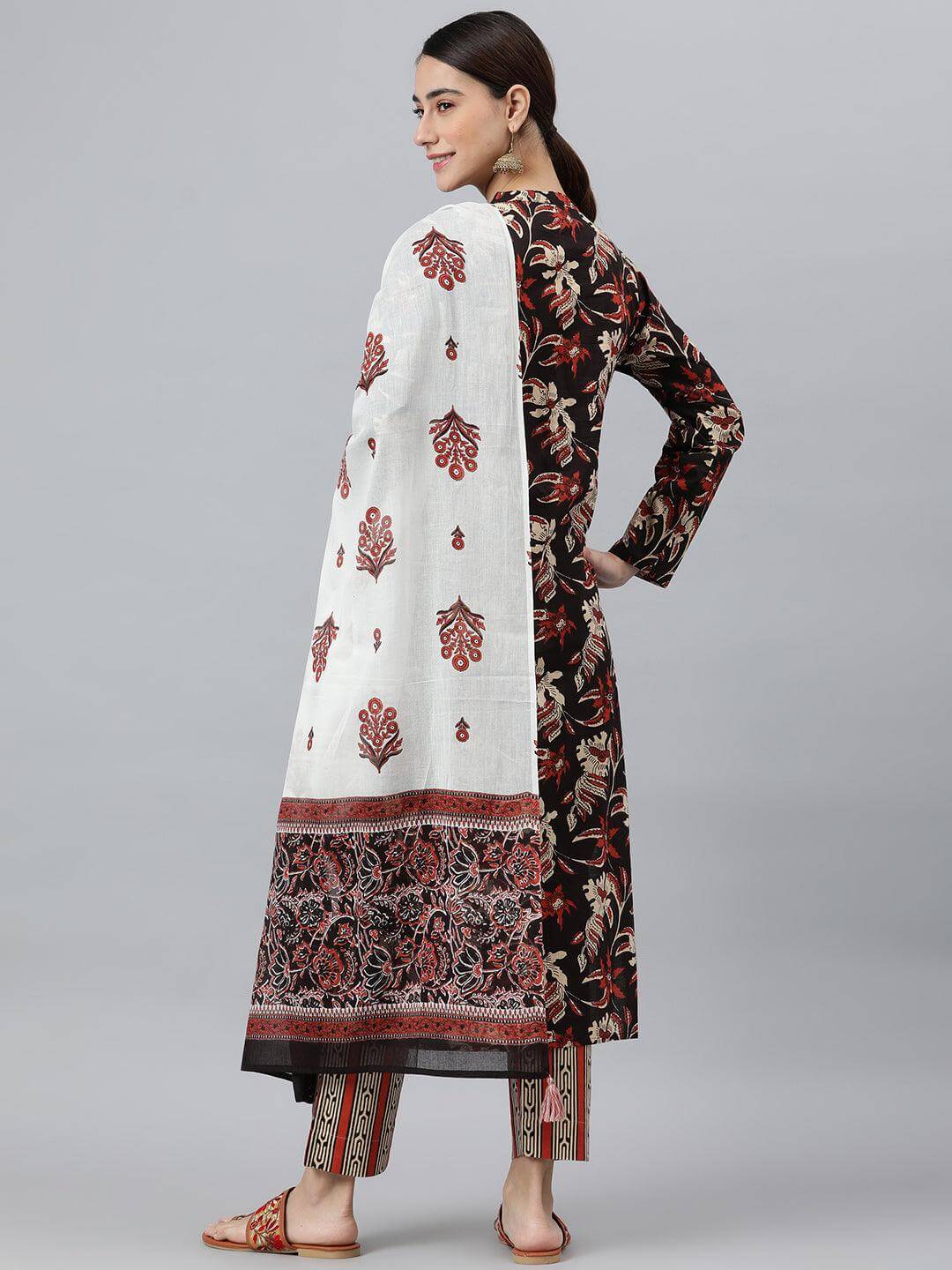 Black Cotton Botanical Print Kurta with Pant and Dupatta