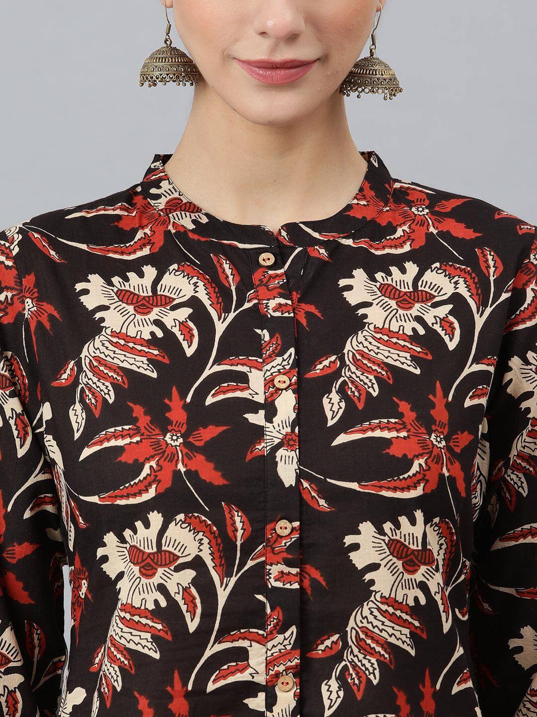 Black Cotton Botanical Print Kurta with Pant and Dupatta