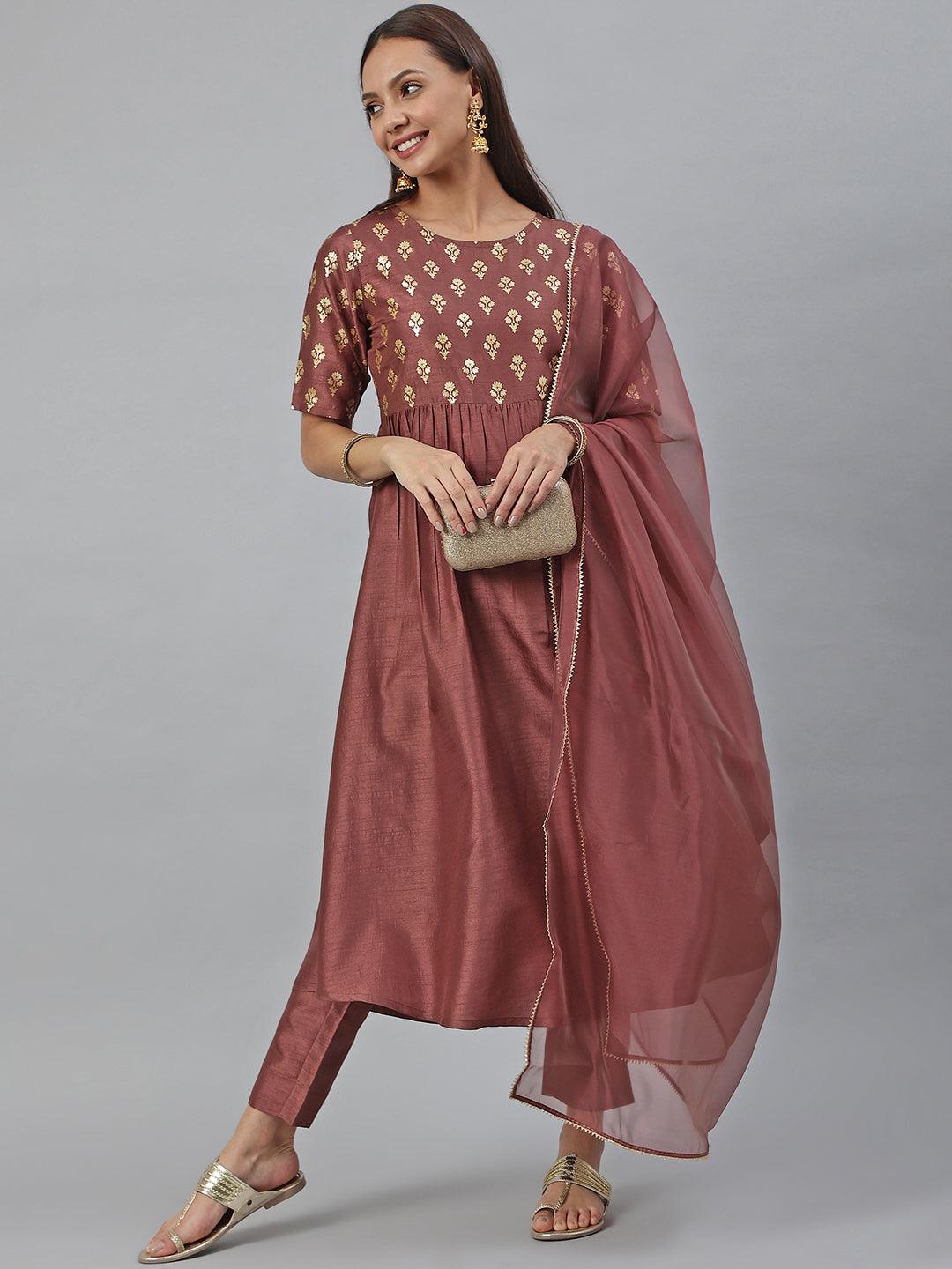 Brown Poly Silk Foil Print Kurta with Pant and Dupatta