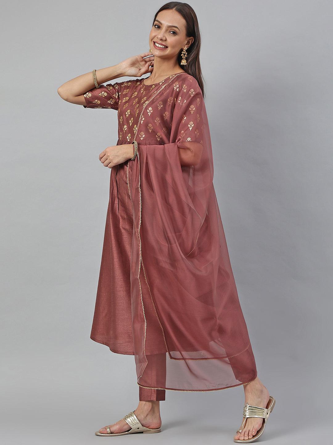 Brown Poly Silk Foil Print Kurta with Pant and Dupatta