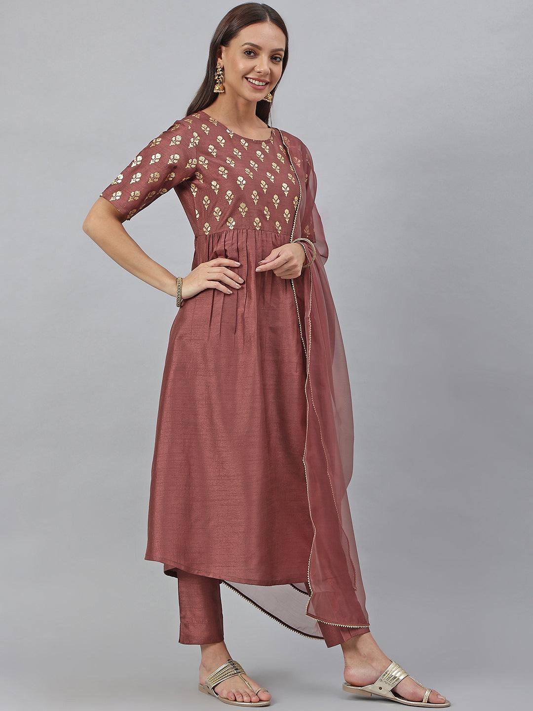 Brown Poly Silk Foil Print Kurta with Pant and Dupatta