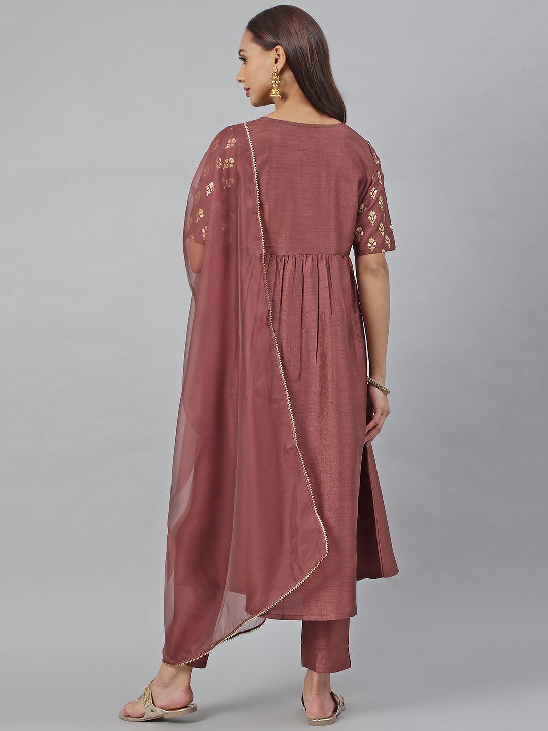 Brown Poly Silk Foil Print Kurta with Pant and Dupatta