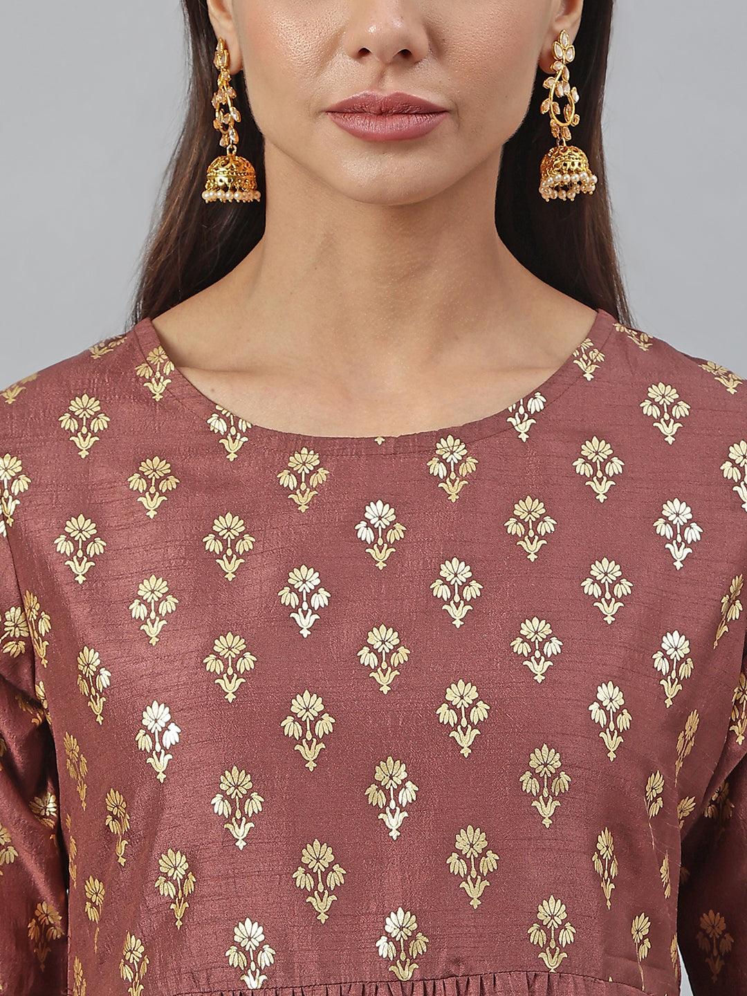 Brown Poly Silk Foil Print Kurta with Pant and Dupatta