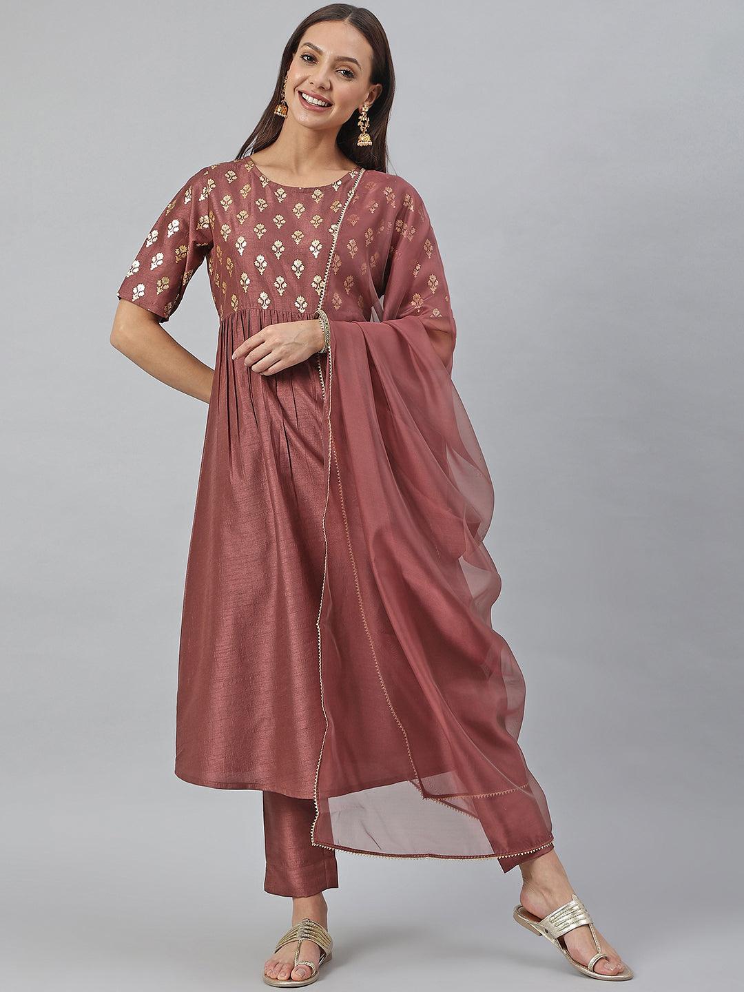 Brown Poly Silk Foil Print Kurta with Pant and Dupatta