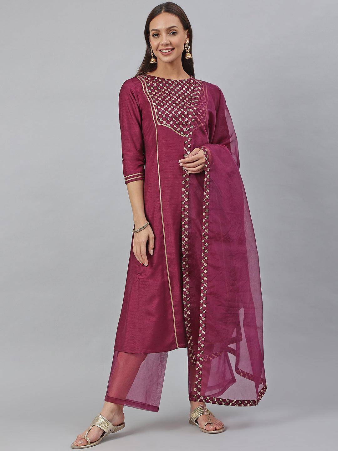 Wine Poly Silk Floral Print Kurta with Palazzo and Dupatta