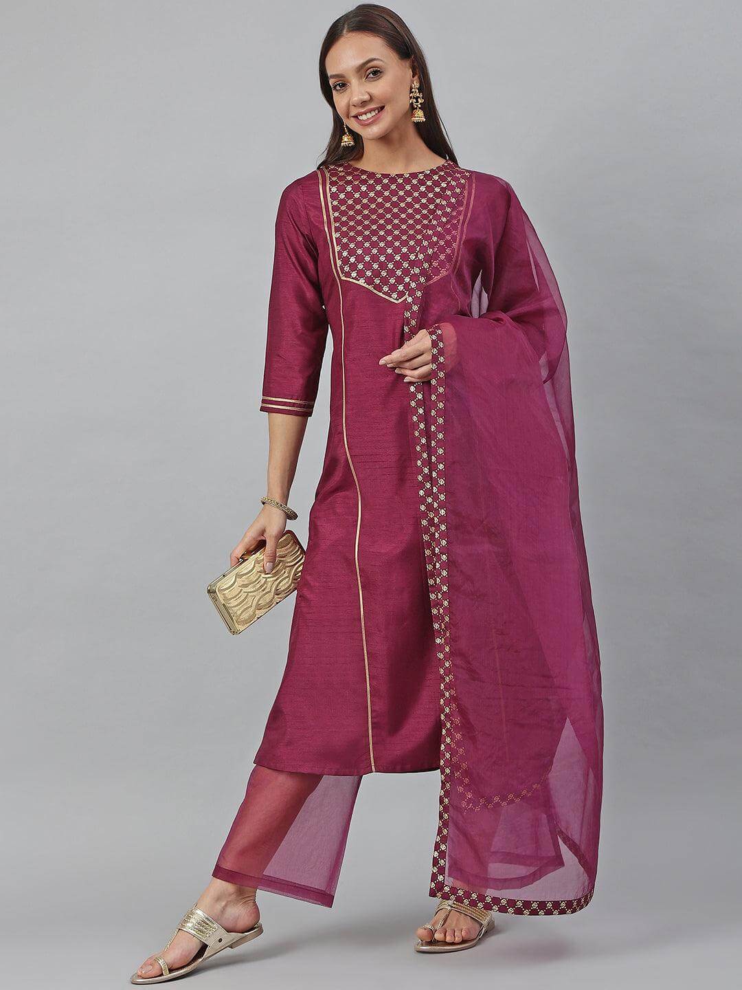 Wine Poly Silk Floral Print Kurta with Palazzo and Dupatta