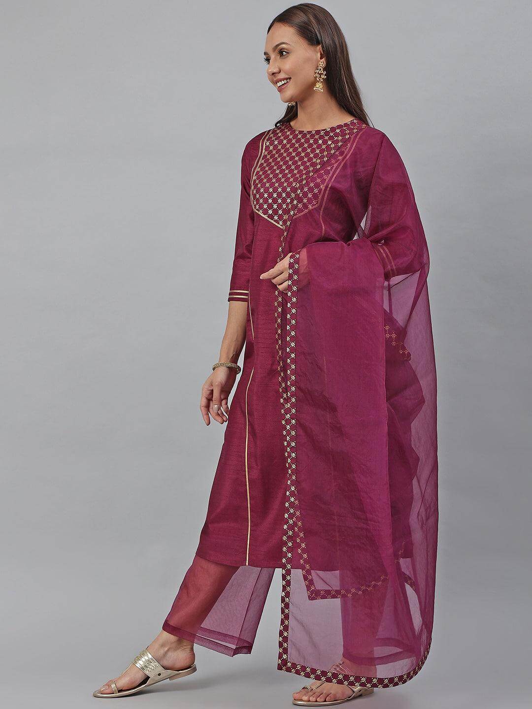 Wine Poly Silk Floral Print Kurta with Palazzo and Dupatta