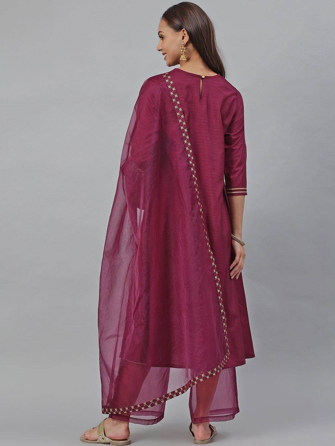 Wine Poly Silk Floral Print Kurta with Palazzo and Dupatta