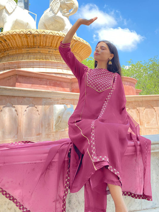 Wine Poly Silk Floral Print Kurta with Palazzo and Dupatta