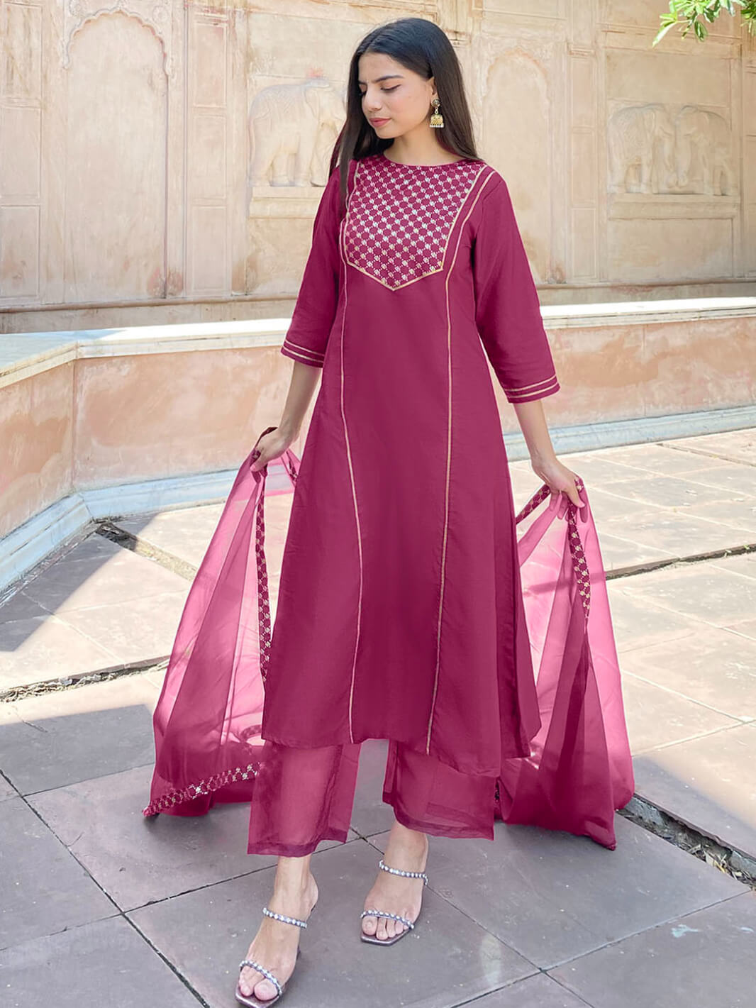 Wine Poly Silk Floral Print Kurta with Palazzo and Dupatta
