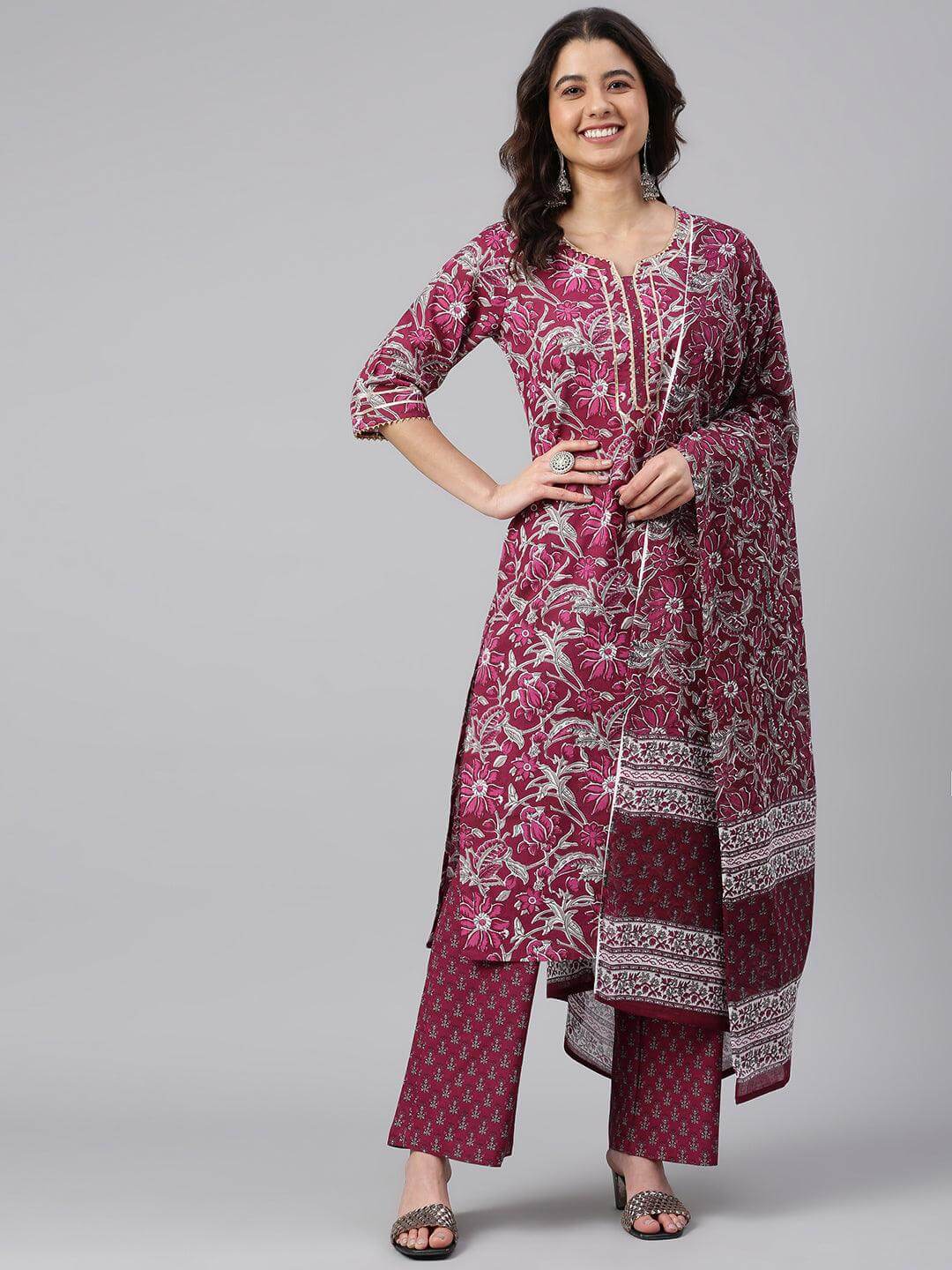 Wine Cotton Floral Print Kurta with Palazzo and Dupatta