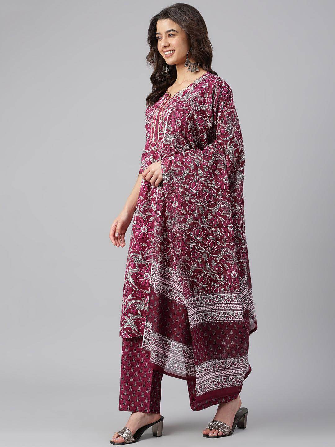 Wine Cotton Floral Print Kurta with Palazzo and Dupatta