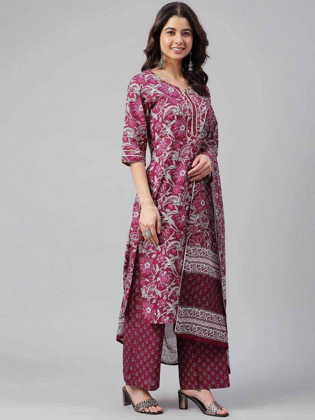 Wine Cotton Floral Print Kurta with Palazzo and Dupatta