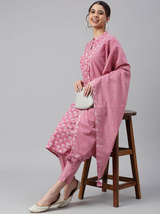 Mauve Cotton Floral Print Kurta with Pant and Dupatta