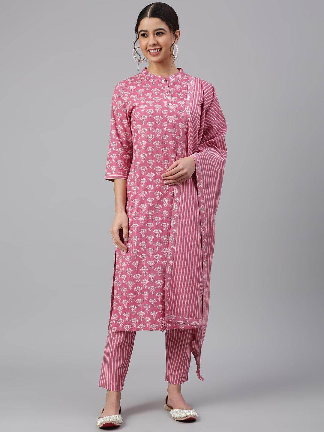 Mauve Cotton Floral Print Kurta with Pant and Dupatta