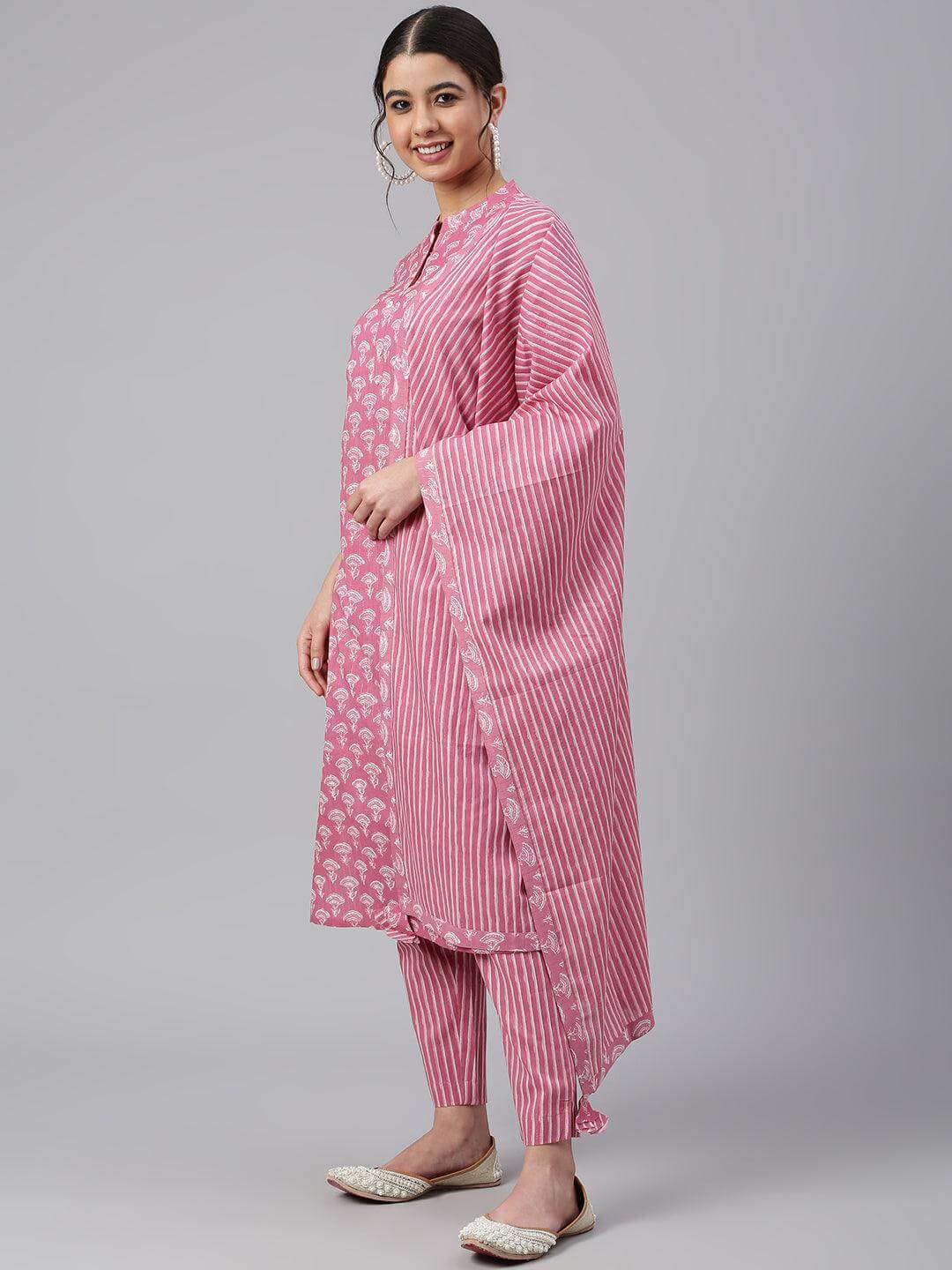 Mauve Cotton Floral Print Kurta with Pant and Dupatta