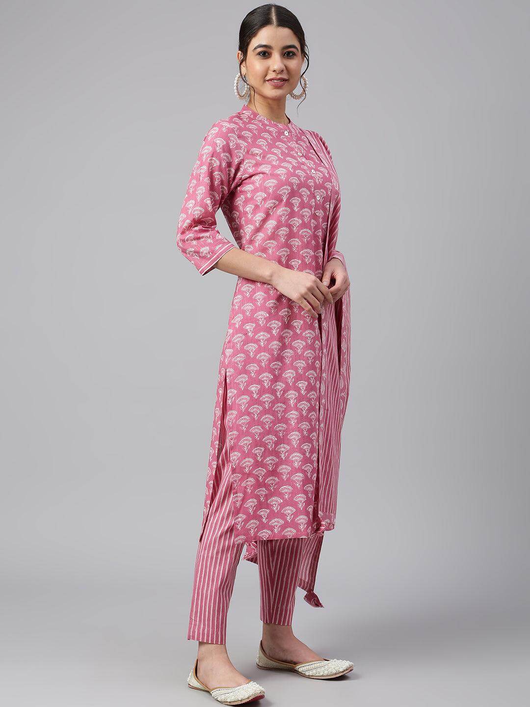 Mauve Cotton Floral Print Kurta with Pant and Dupatta