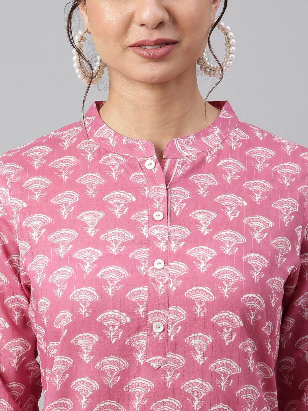 Mauve Cotton Floral Print Kurta with Pant and Dupatta