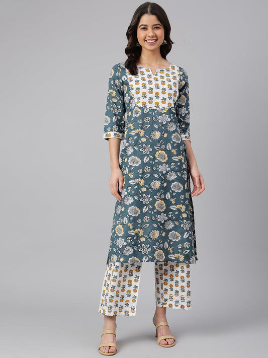 Teal Cotton Floral Print Kurta with Palazzo