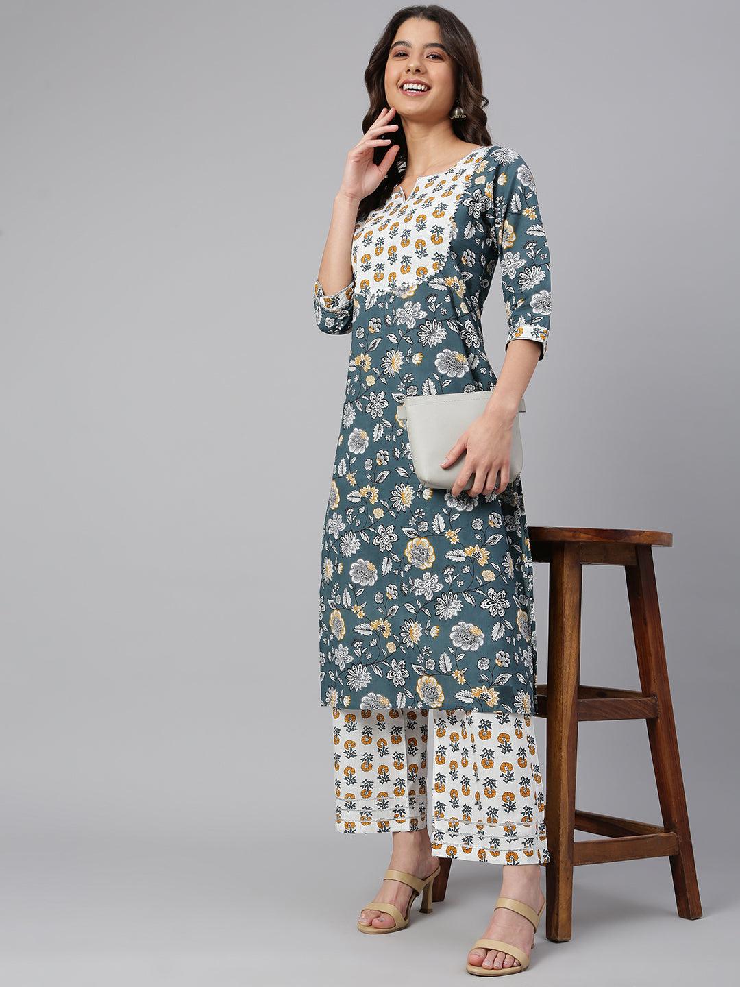 Teal Cotton Floral Print Kurta with Palazzo