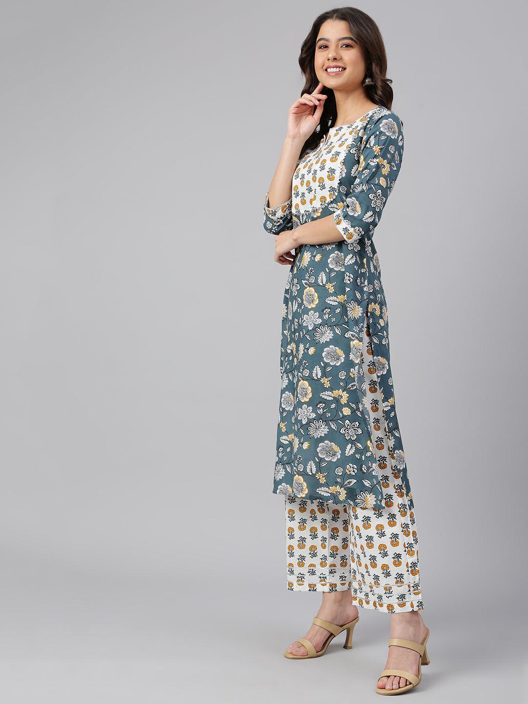 Teal Cotton Floral Print Kurta with Palazzo