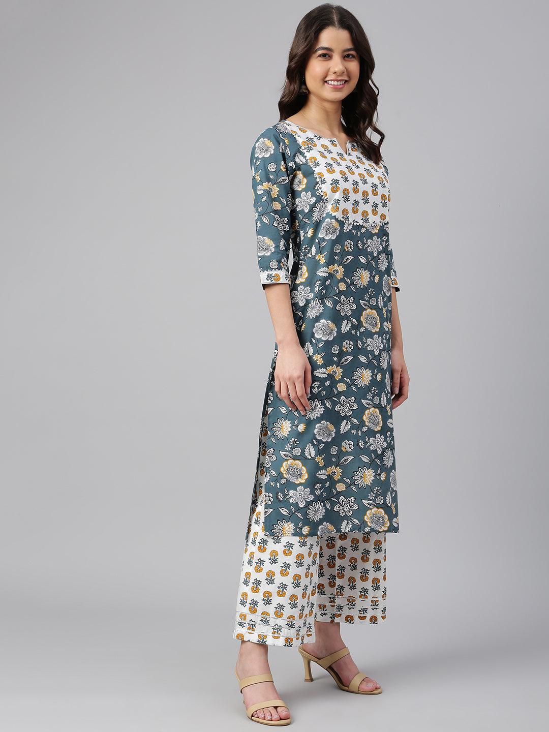 Teal Cotton Floral Print Kurta with Palazzo