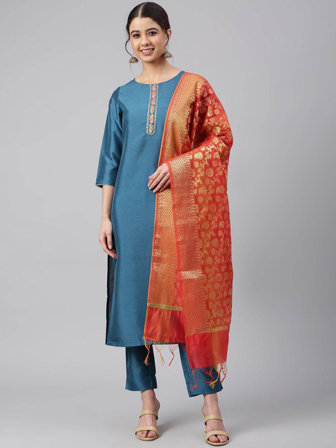 Teal Poly Silk Embellished Kurta with Pant and Dupatta