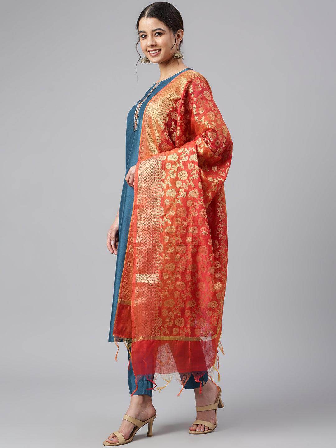 Teal Poly Silk Embellished Kurta with Pant and Dupatta