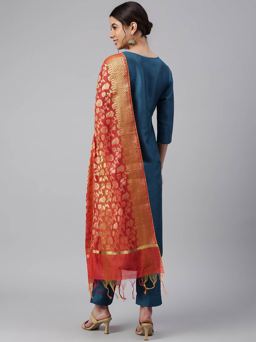 Teal Poly Silk Embellished Kurta with Pant and Dupatta