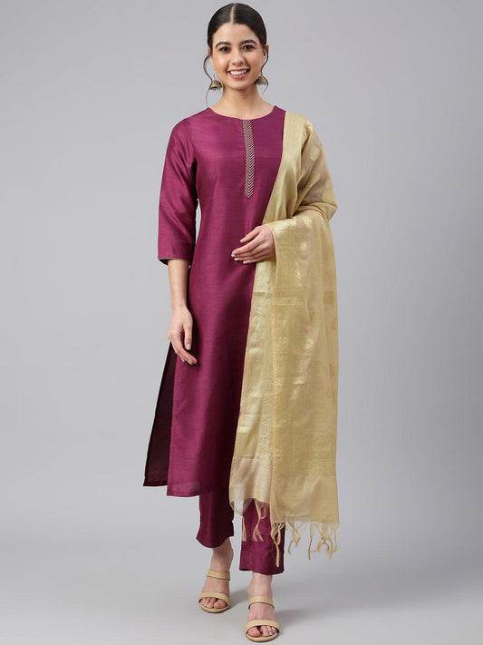 Wine Poly Silk Embellished Kurta with Pant and Dupatta