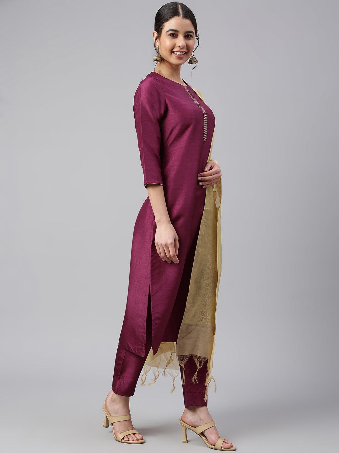 Wine Poly Silk Embellished Kurta with Pant and Dupatta