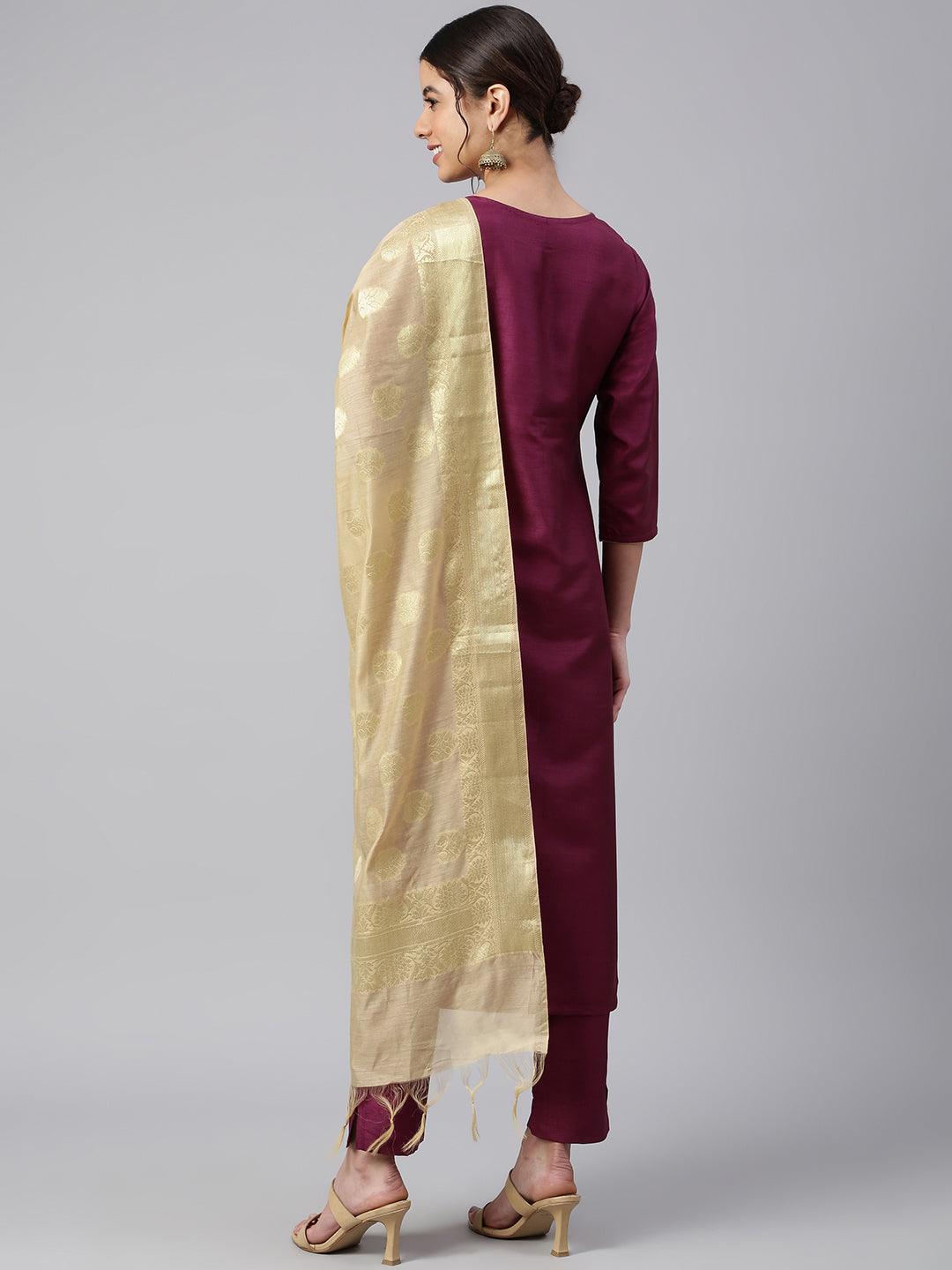 Wine Poly Silk Embellished Kurta with Pant and Dupatta