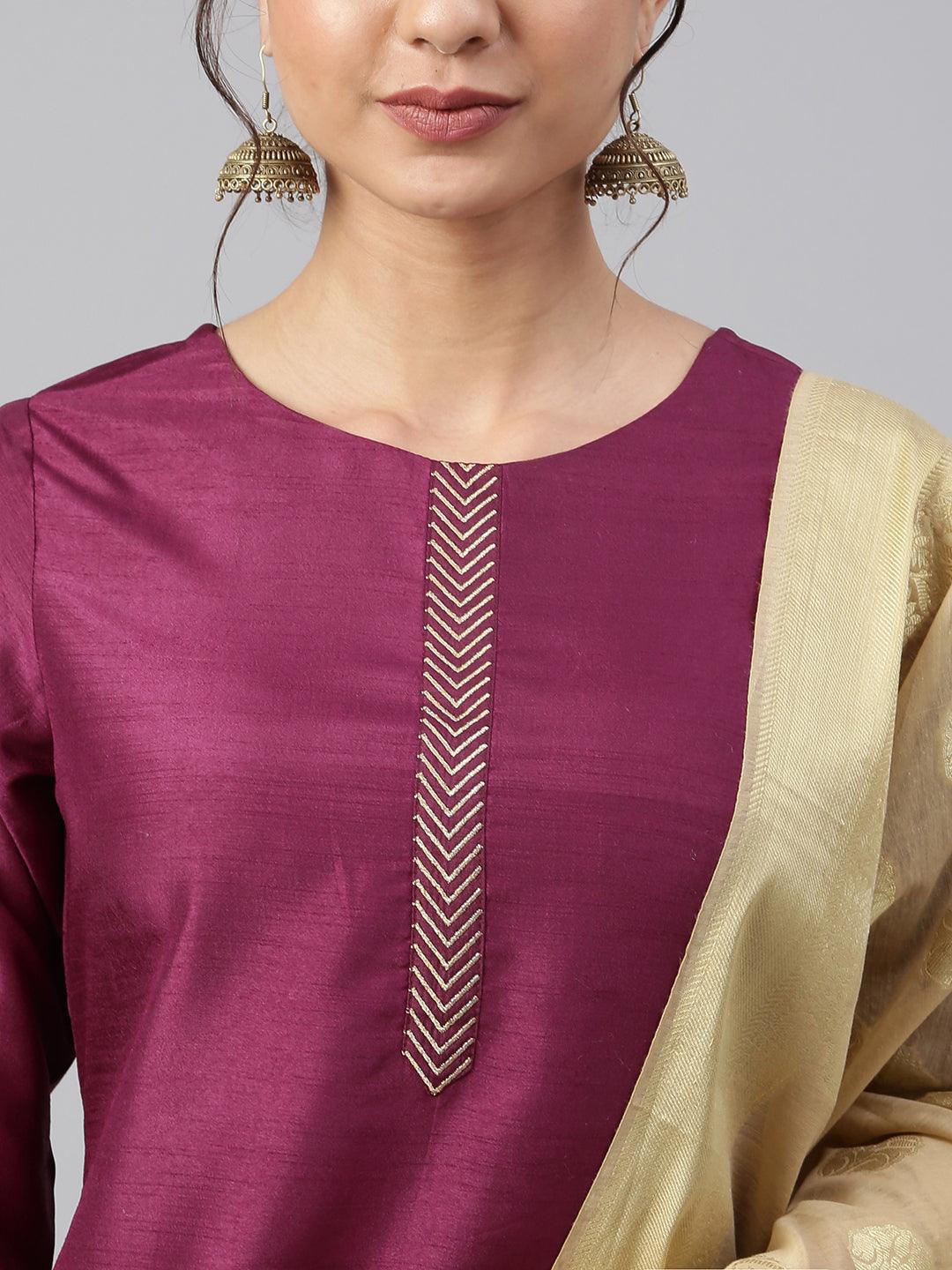 Wine Poly Silk Embellished Kurta with Pant and Dupatta