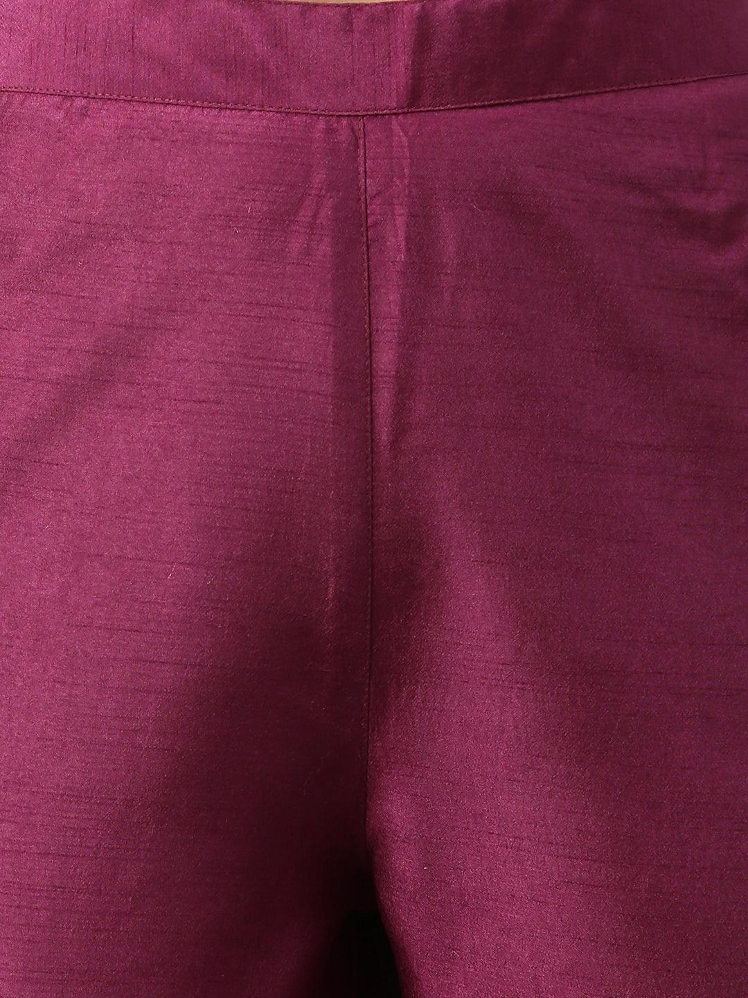 Wine Poly Silk Embellished Kurta with Pant and Dupatta