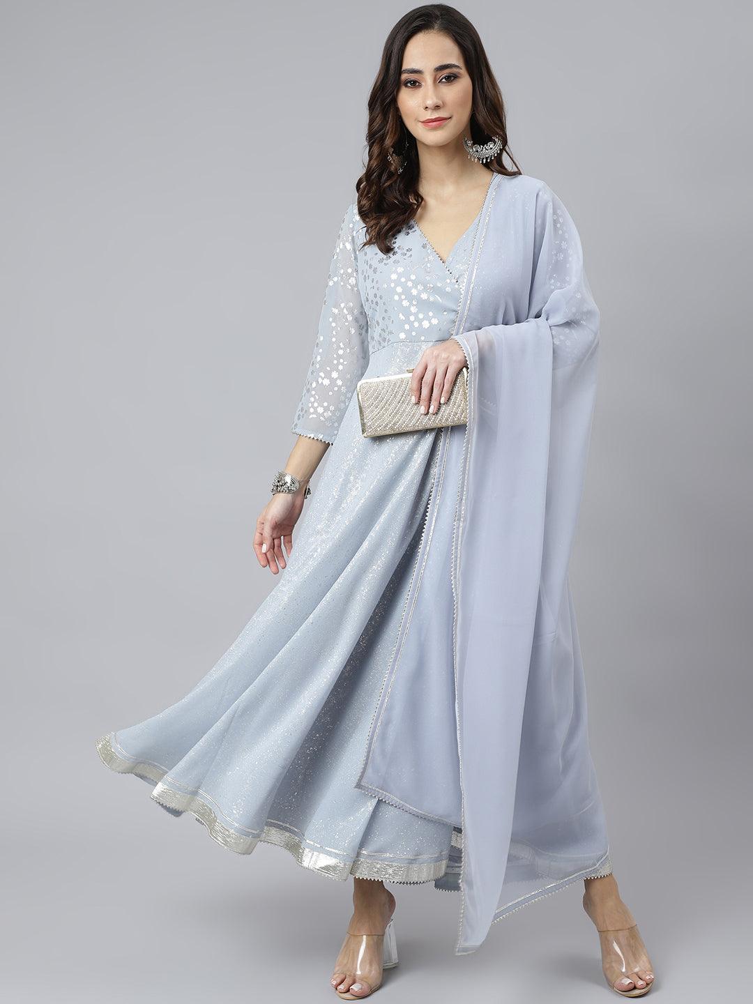 Grey Georgette Foil Print Kurta with Dupatta