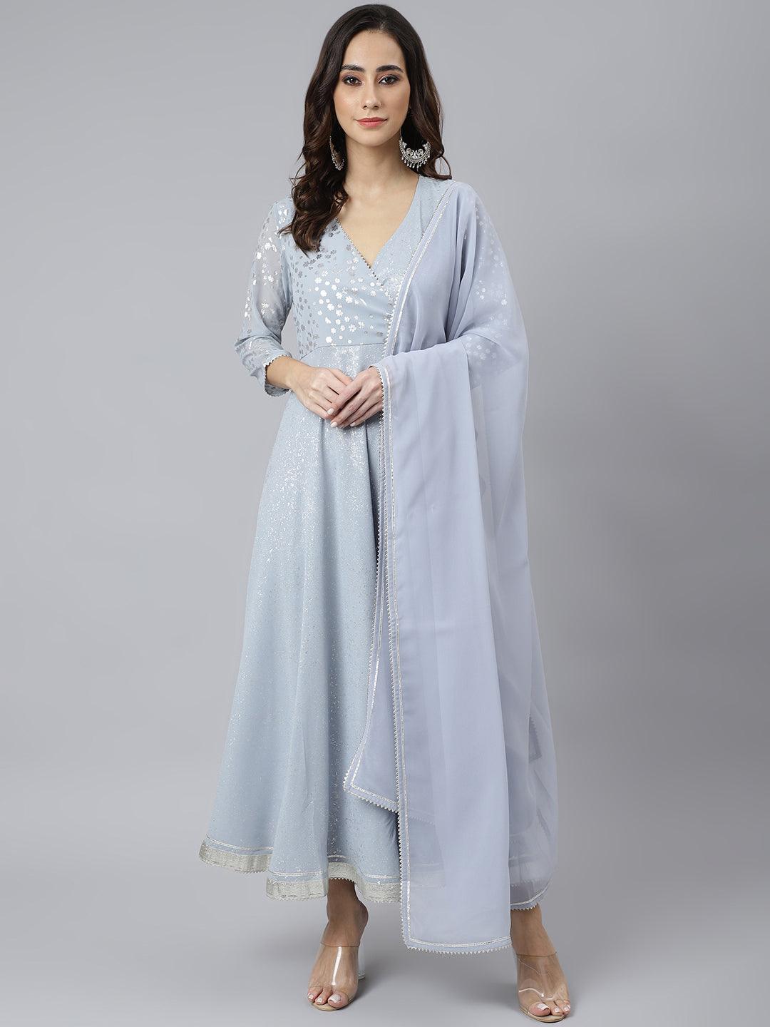 Grey Georgette Foil Print Kurta with Dupatta