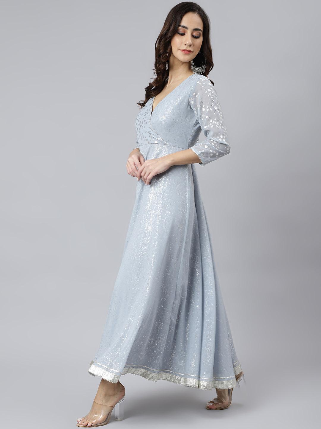 Grey Georgette Foil Print Kurta with Dupatta