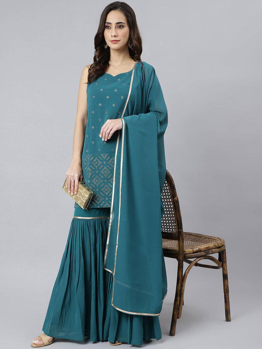 Teal Georgette Embossed Gold Print Top with Gharara and Dupatta