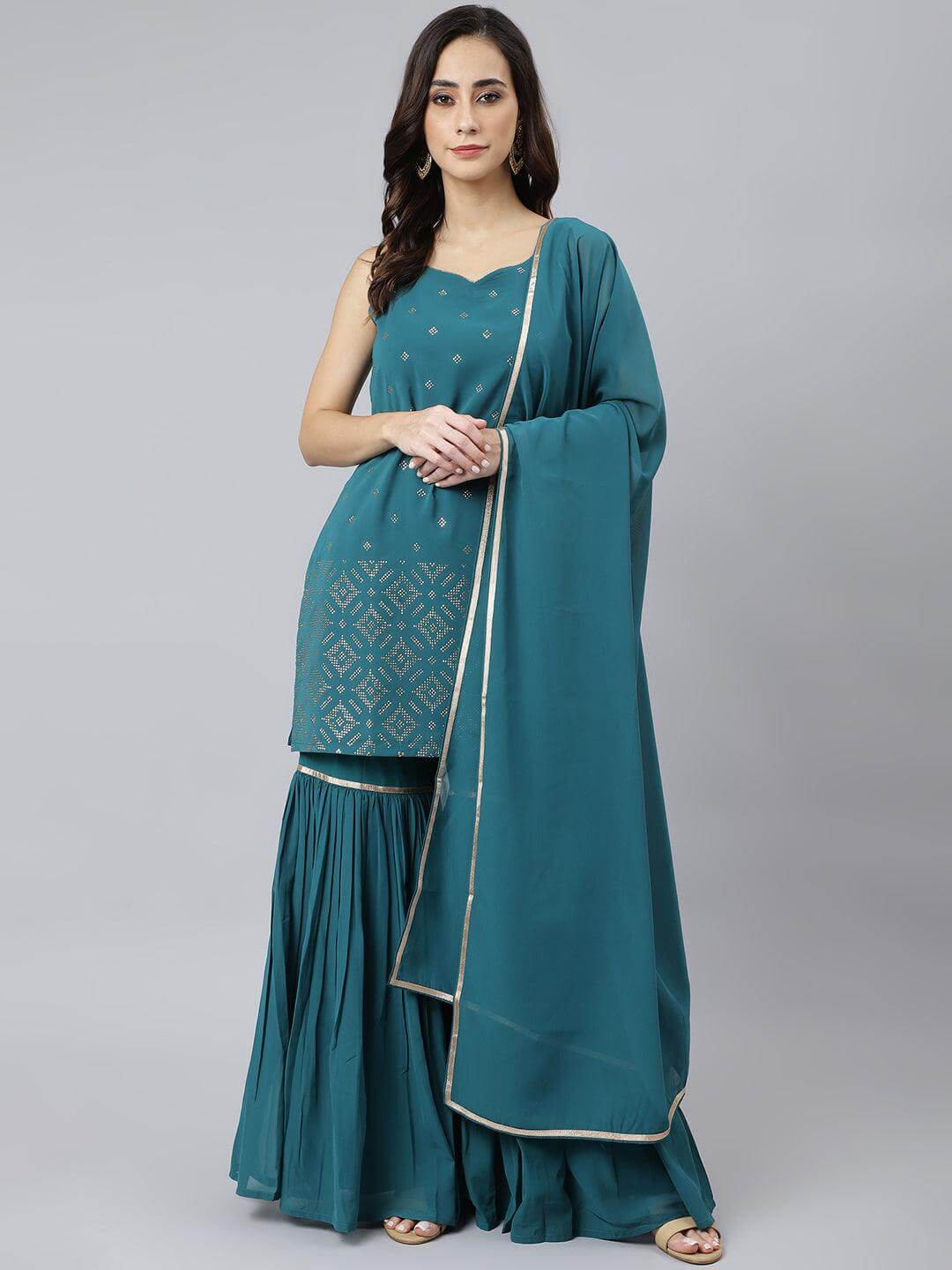 Teal Georgette Embossed Gold Print Top with Gharara and Dupatta